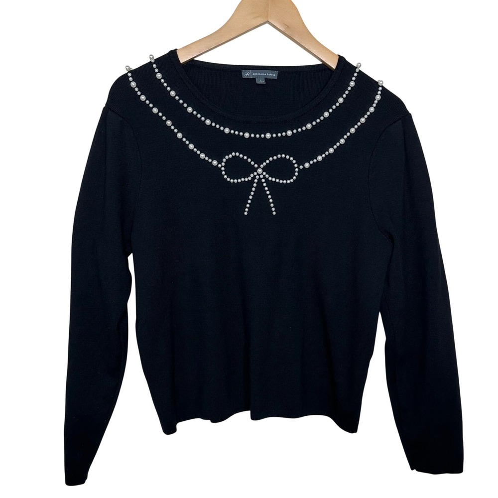 Adrianna Papell Pearl Bow Detail Long Sleeve Knit Sweater size Large Black/White
